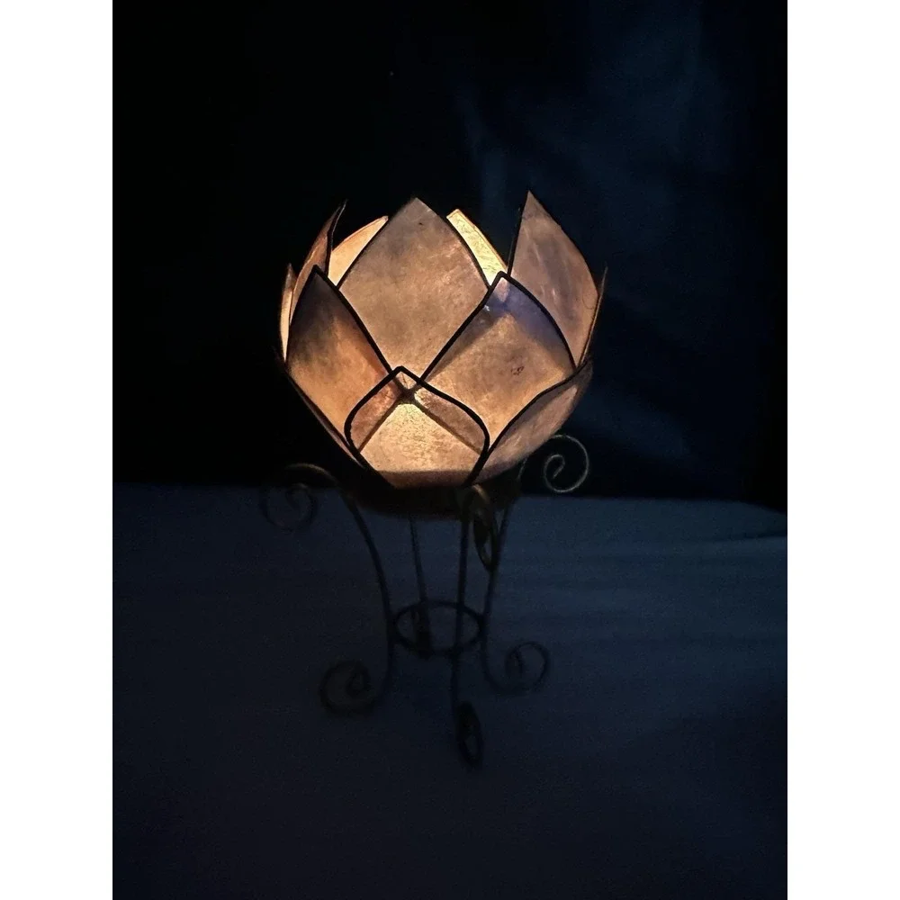 Capiz Shell Lotus Votive Candle Holder Gold Metal Stand 7